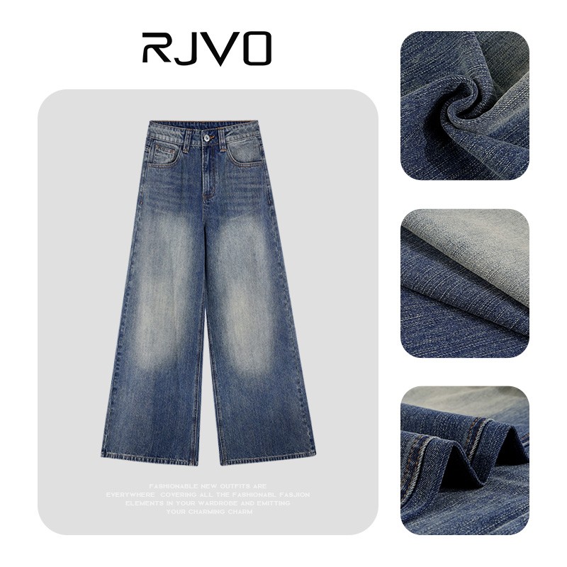RJVO2025年新款复古蓝高腰显瘦牛仔裤时尚宽松阔腿裤