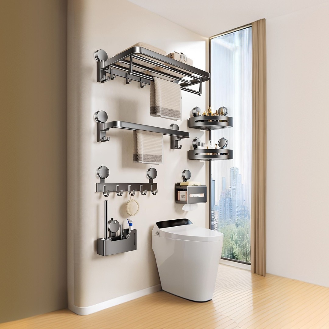 吸盘枪灰浴巾架卫生间浴室置物架免打孔壁挂大网篮可折叠毛巾架子