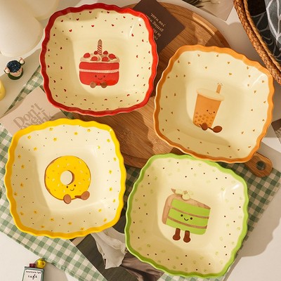 【2个/4个装】茶语甜心方盘8英寸陶瓷釉下彩可爱家用菜盘深盘盘子