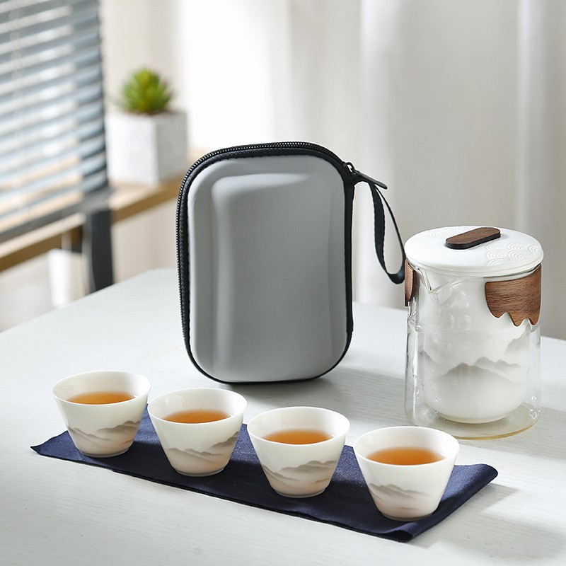 羊脂玉白瓷便携式旅行茶具套装快客杯泡茶杯一人户外露营喝茶装备