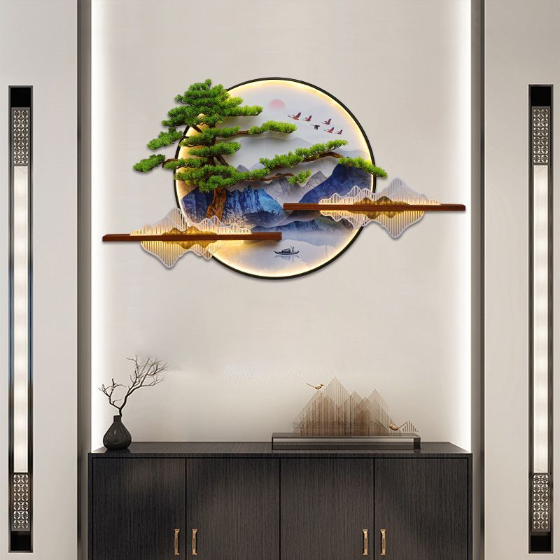 新中式墙面装饰挂件玄关客厅沙发背景墙挂画立体迎客松圆形壁画灯