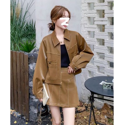 咖色美式复古减龄套装裙女2025秋季新款时尚皮夹克半身短裙两件套