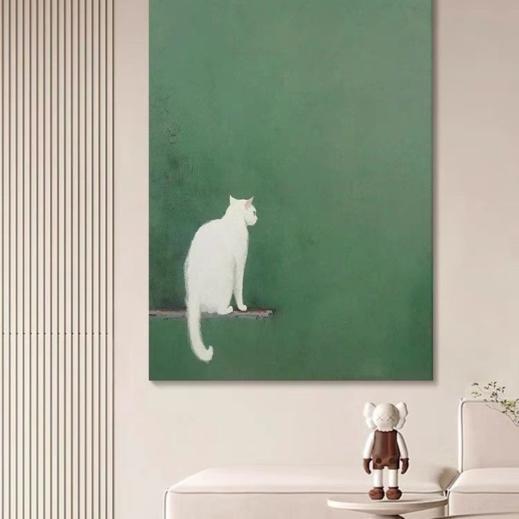 侘寂风动物手绘油画白色小猫客厅餐厅卧室装饰画绿色简约玄关挂画图片