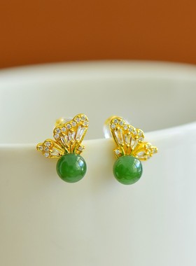 气质款~s925银镶和田玉碧玉蝴蝶耳坠12452-2