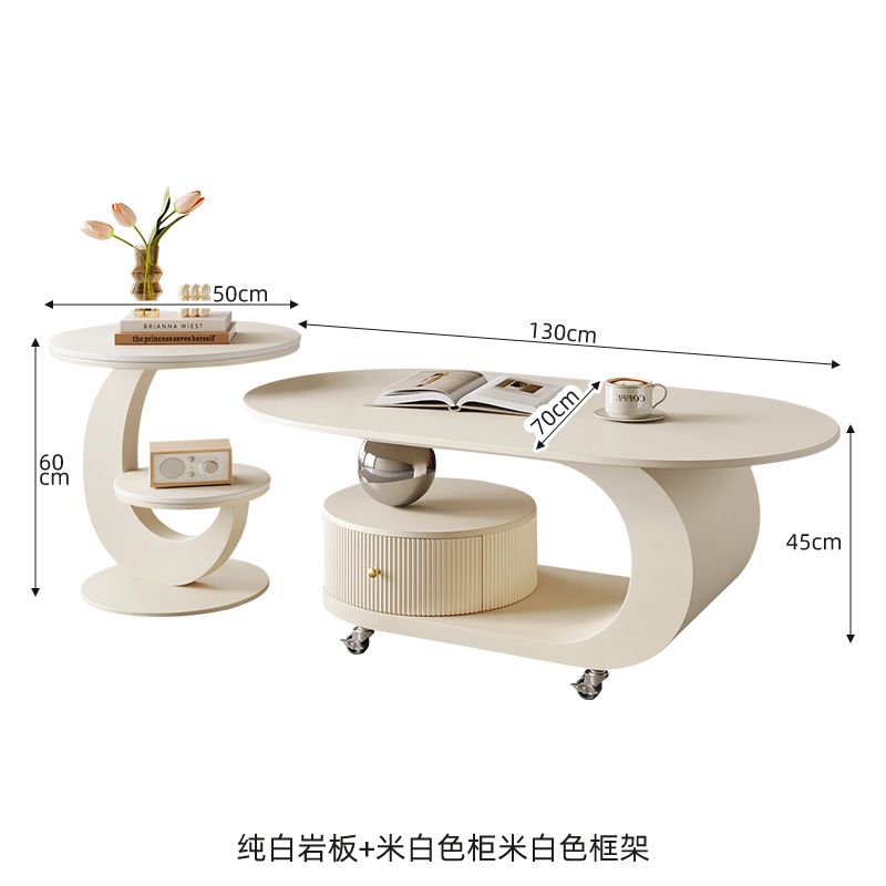 意式茶几客厅椭圆形岩板可移动带轮茶几2025新款轻奢现代高级感