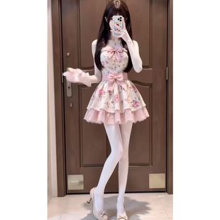 甜美纯欲性感辣妹少女碎花粉色蝴蝶结网纱抹胸连衣裙印花短裙夏季