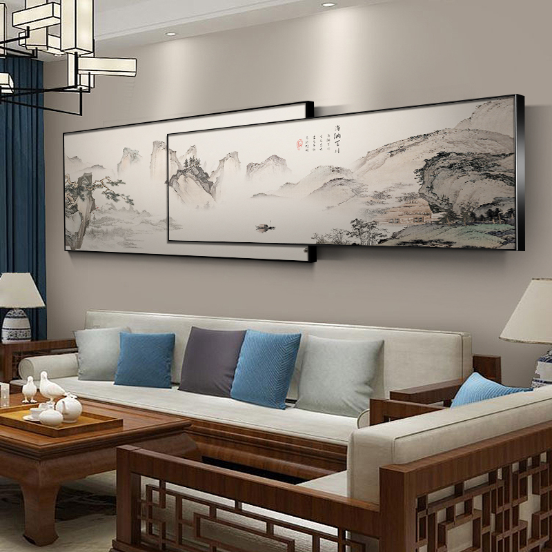 新中式山水挂画客厅画沙发背景墙画叠加装饰画国风招财风景壁画