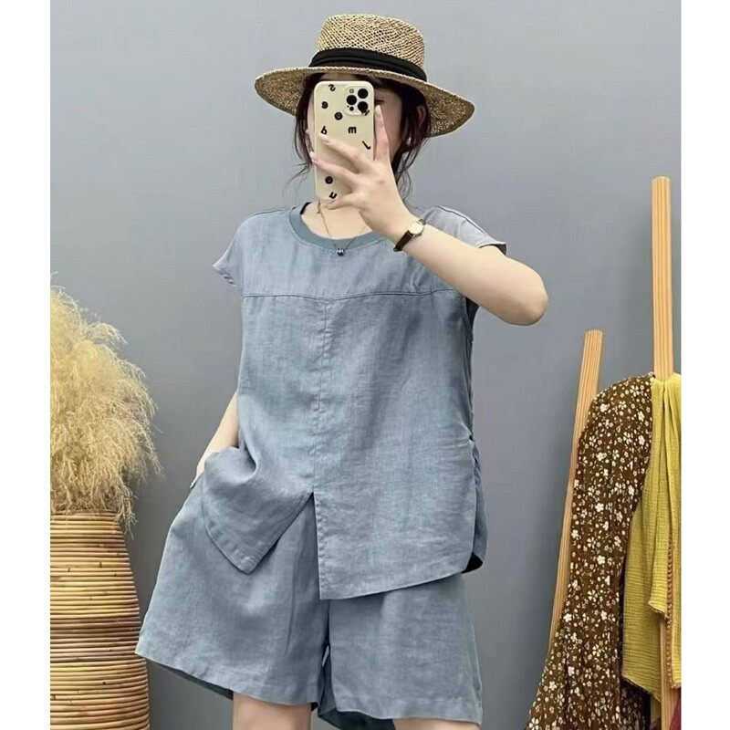 亚麻套装2025夏季新款宽松背心衬衫上衣松紧腰短裤套装女士薄外套