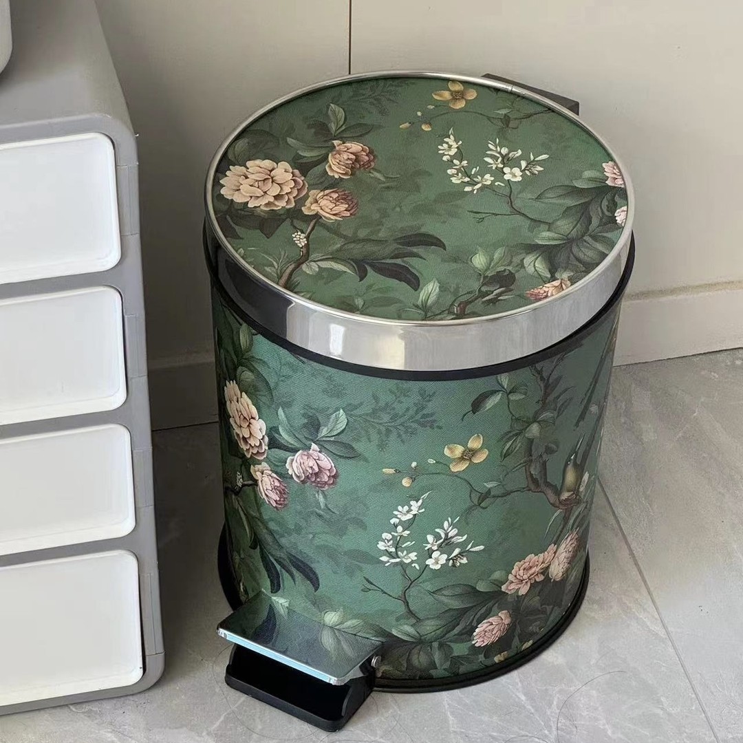 【花鸟系列带盖脚踏垃圾桶】带提手内胆大容量皮革加厚垃圾桶客厅