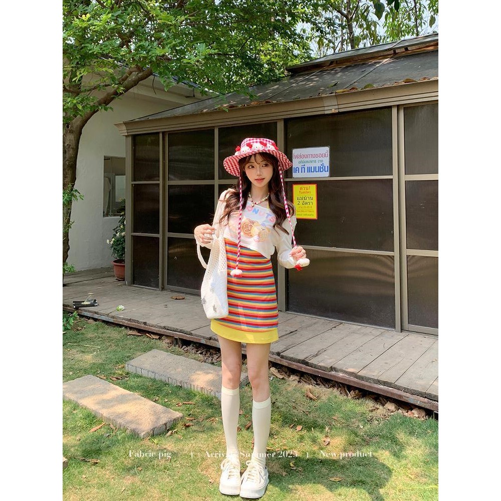 彩虹甜心 夏日度假风挂脖连衣裙女多巴胺穿搭彩色条纹短裙罩衫潮