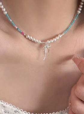 合金树脂项链 春夏彩色蝴蝶结串珠项链女高级感锁骨链颈链配饰潮