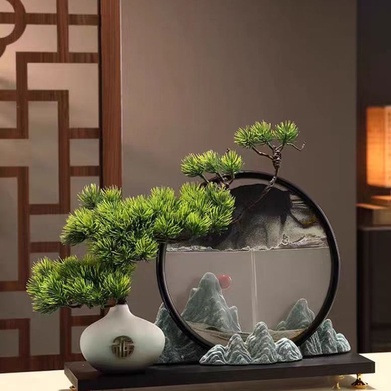 新中式摆件迎客松流沙画仿真造景创意办公室招财玄关电视柜装饰品