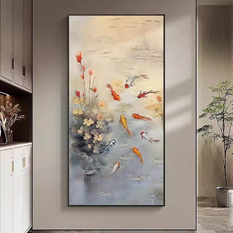 纯手绘九鱼图玄关装饰画油画现代轻奢入户楼梯走廊过道挂画图片