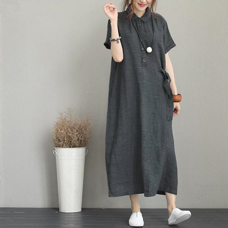 Women Cotton Linen Pocket Dress Korean O-Neck Short Sleeve L