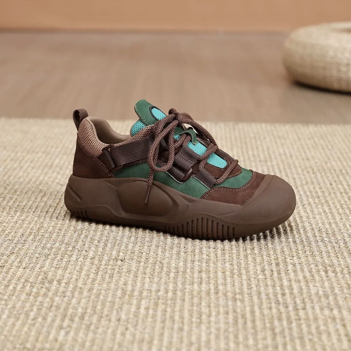 软皮防滑拼色秋季新款轻便软底百搭休闲女鞋增高4cm磨砂爆款鞋子