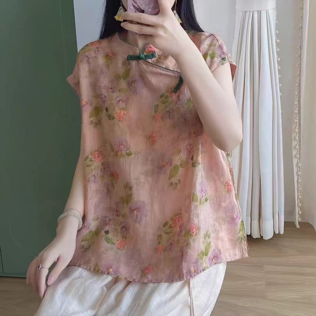 新中式纯印花无袖衬衫女夏宽松斜襟撞色盘扣改良旗袍短款上衣秋水
