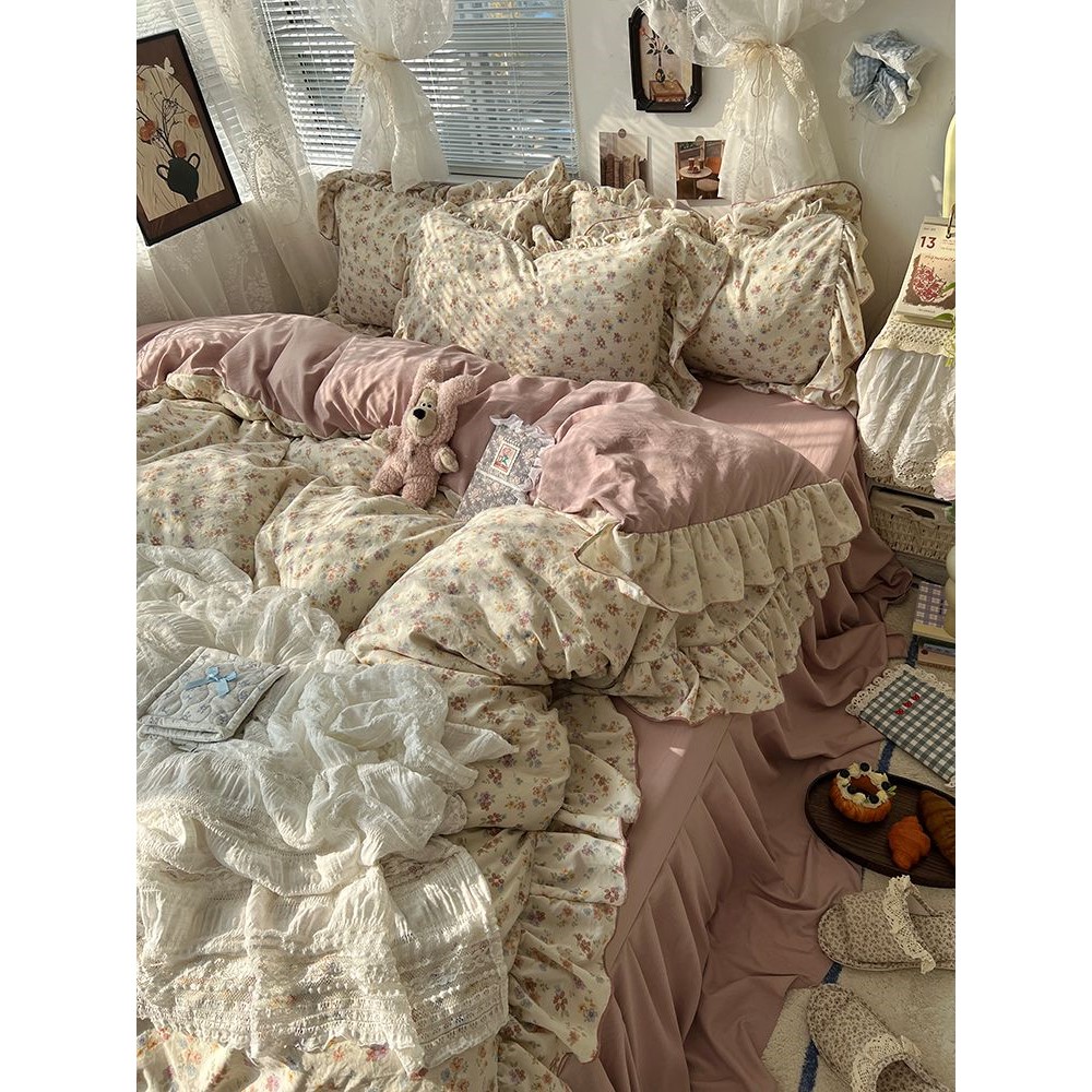 韩系小花卉~ins公主风四件套碎花花边被套床单宿舍床上三件套床裙