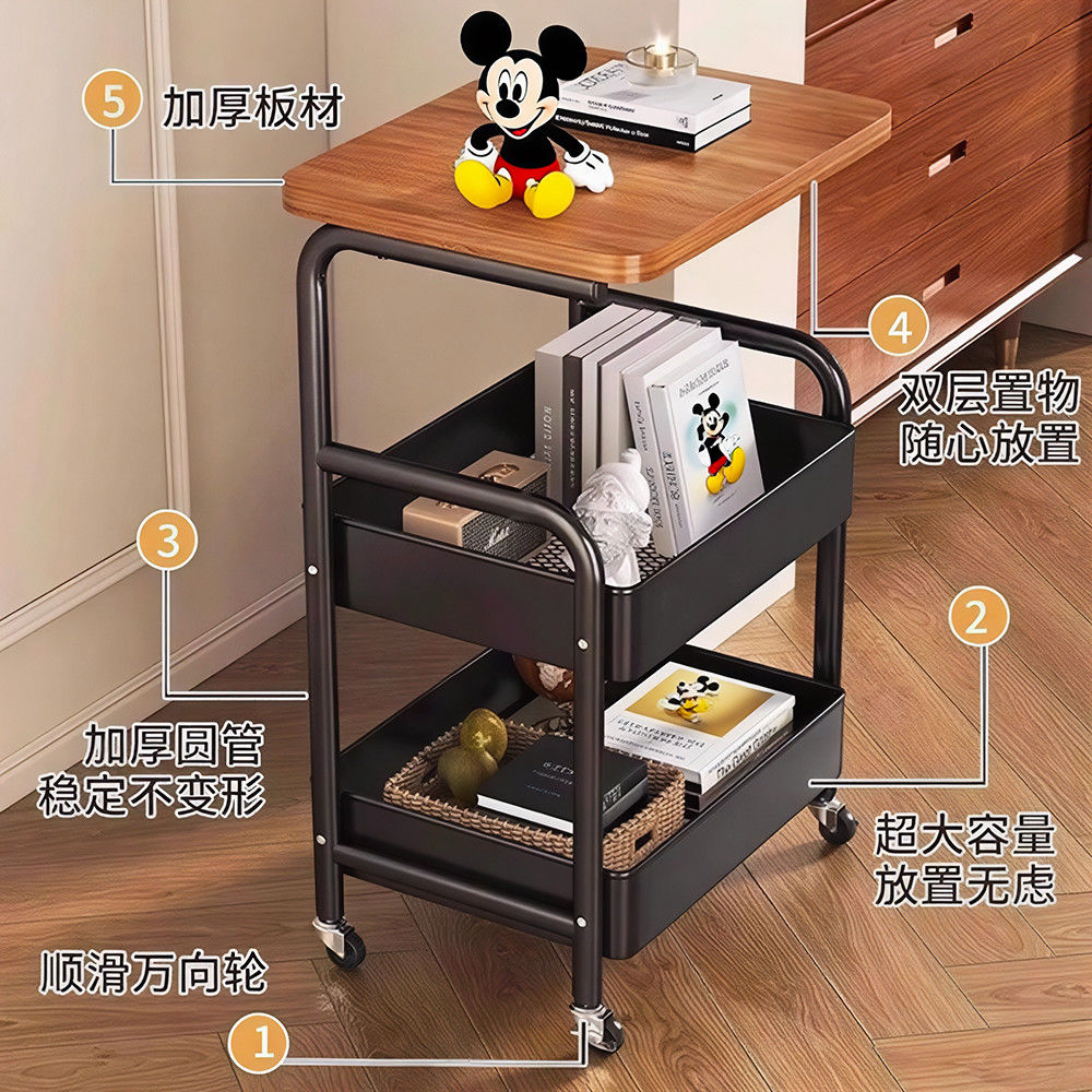中式置物架可移动桌子推车客厅沙发边几桌卧室零食储物书架床头柜