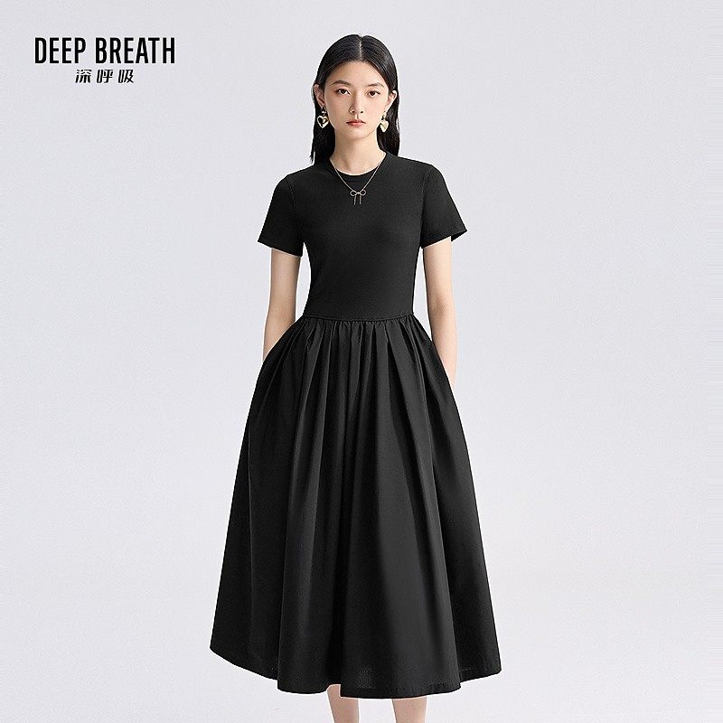 DEEP BREATH深呼吸女装圆领针拼梭收腰短袖连衣裙连衣裙A500476