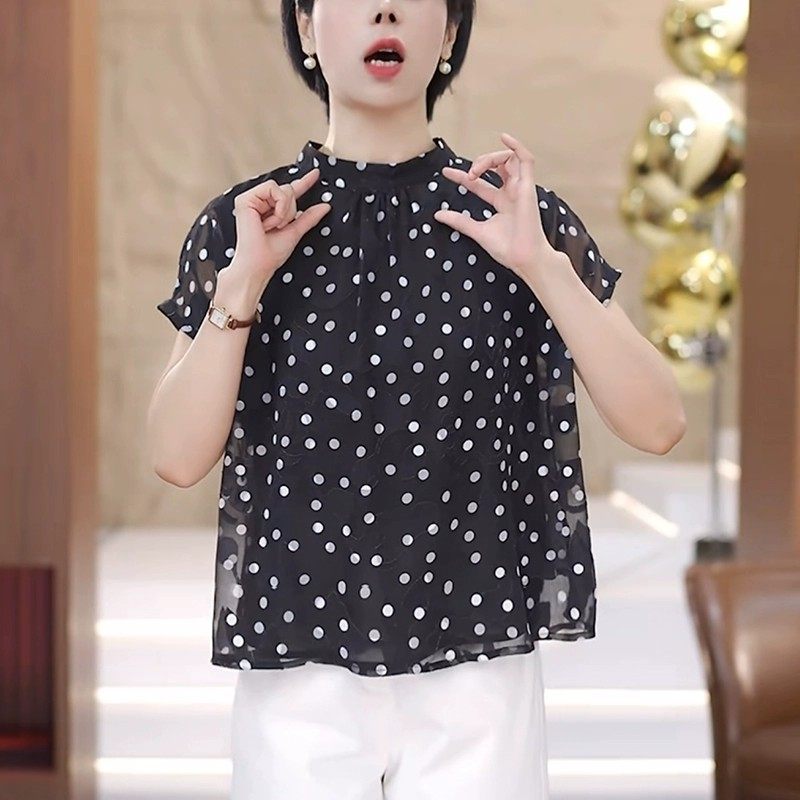 黑色立领波点衬衫女士2025夏衬衫