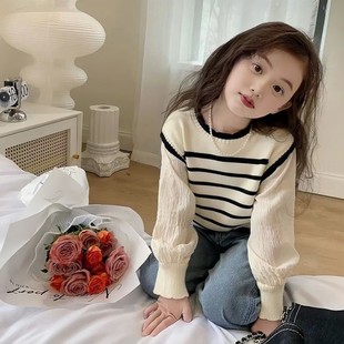 女童春秋爆款 洋气百搭条纹上衣甜美公主风 假两件针织衫 中小童韩版