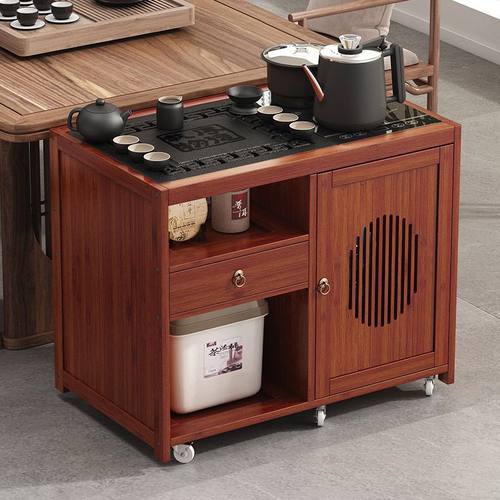 新中式茶水柜移动茶台茶桌家用阳台实木小茶车烧水壶一体沙发边几