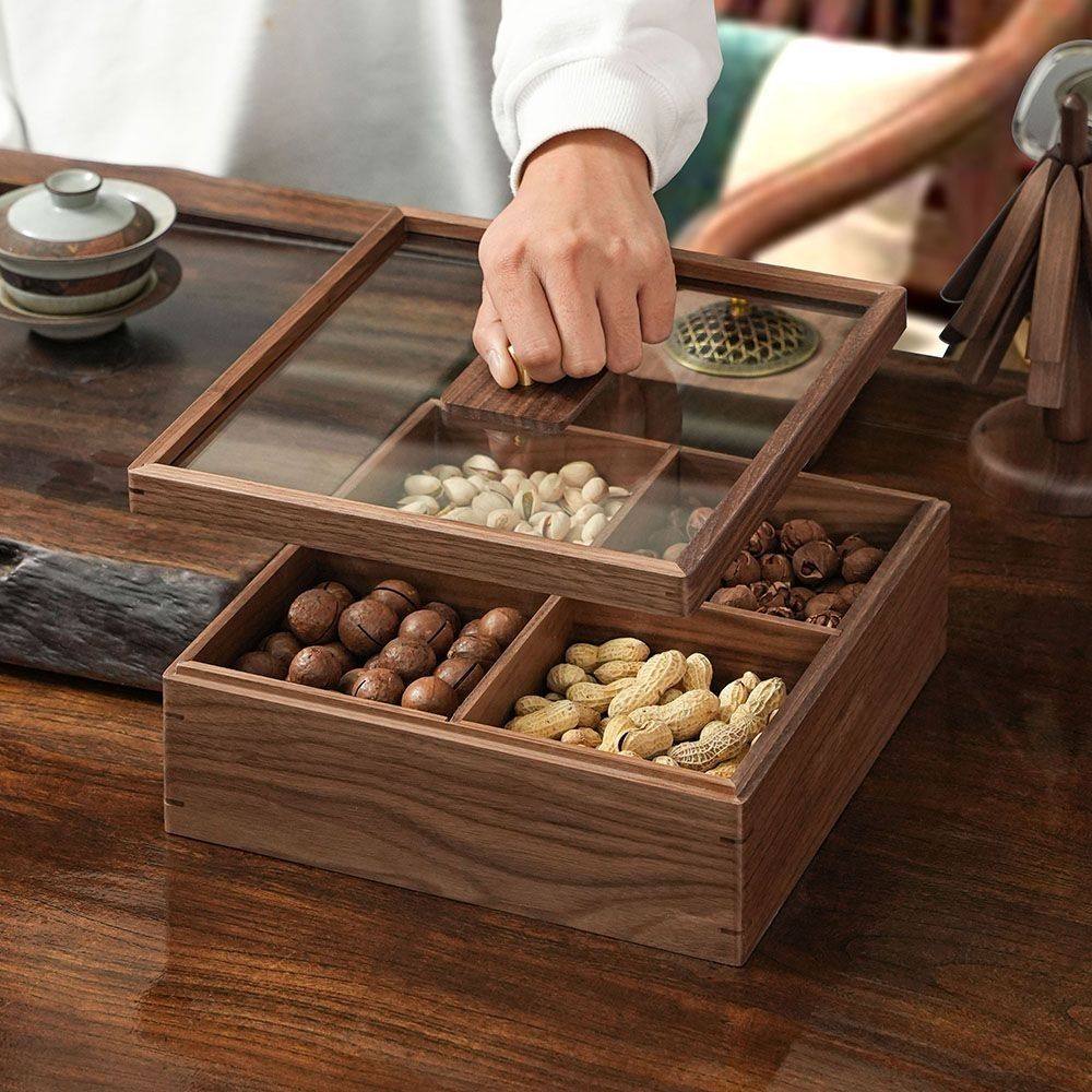 中式家用黑胡桃木干果盒带盖密封零食果盘糖果过年客厅坚果收纳盒
