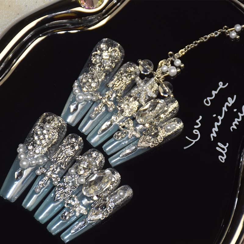 好运女枪纯手工穿戴甲满钻奢华美甲可拆卸满手满锆婚甲长梯