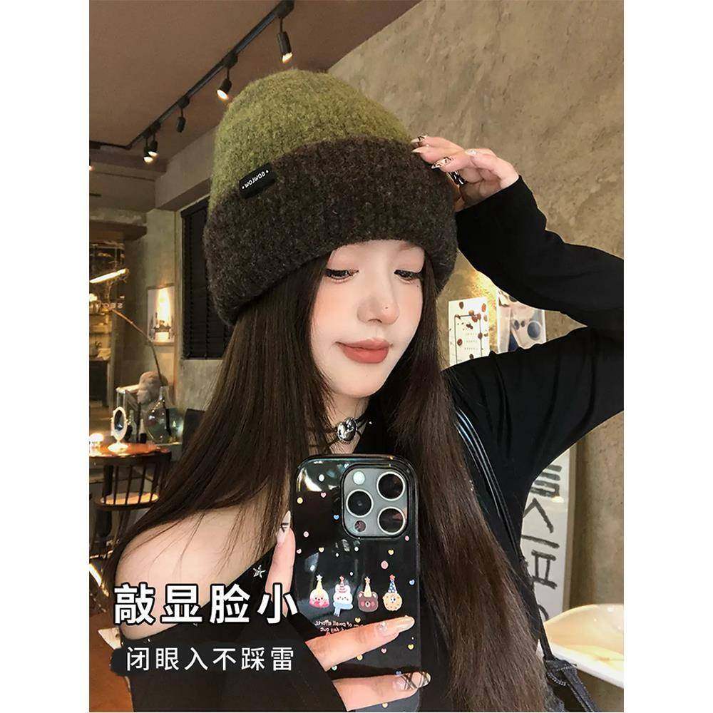 双色针织堆堆帽子女秋冬季大头围保暖毛线帽护耳包头冷帽脸小vb52