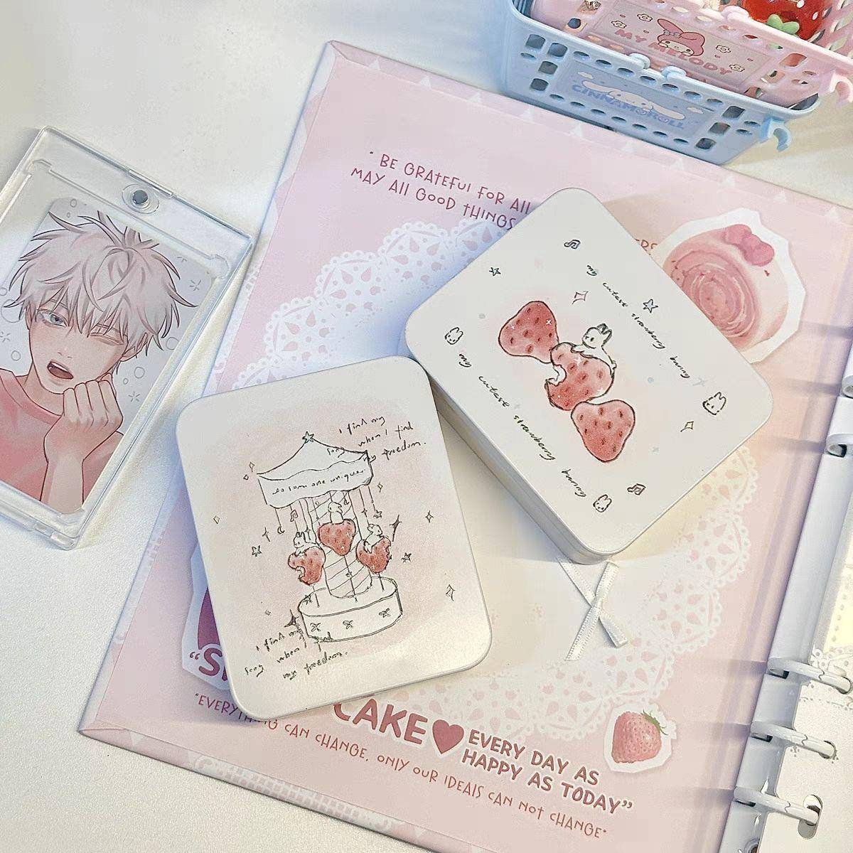 ins小兔翻盖铁盒小卡收纳盒女粉色马口铁盒哑光白糖果收纳盒带盖