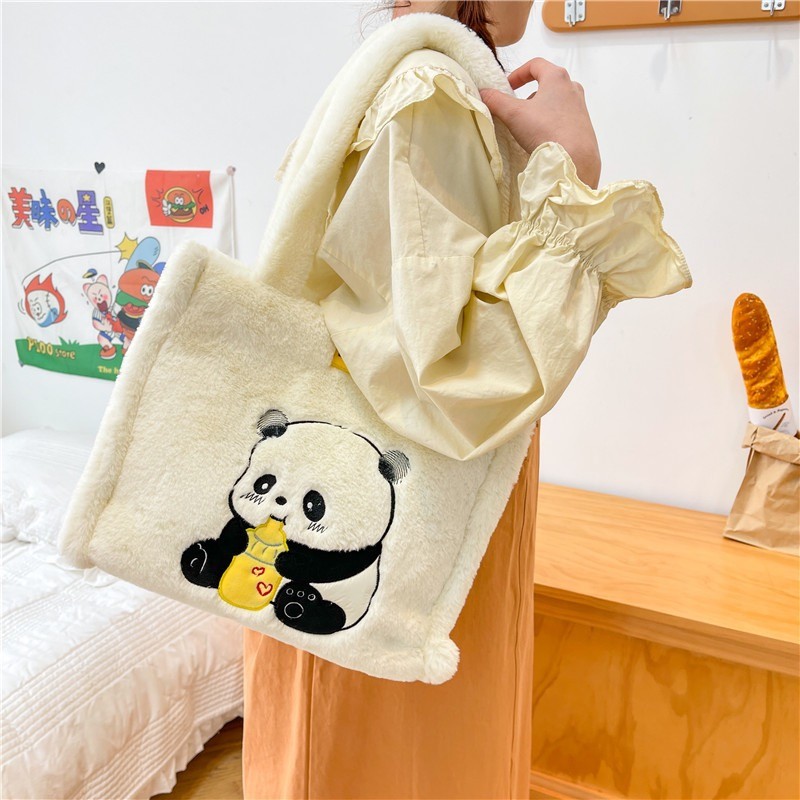 成都熊猫毛绒打容量绣花可爱托特包生日礼物纪念品单肩包