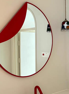 圆形橡胶木实木红色洗手台化妆桌触控带灯除雾创意壁挂免打孔镜子