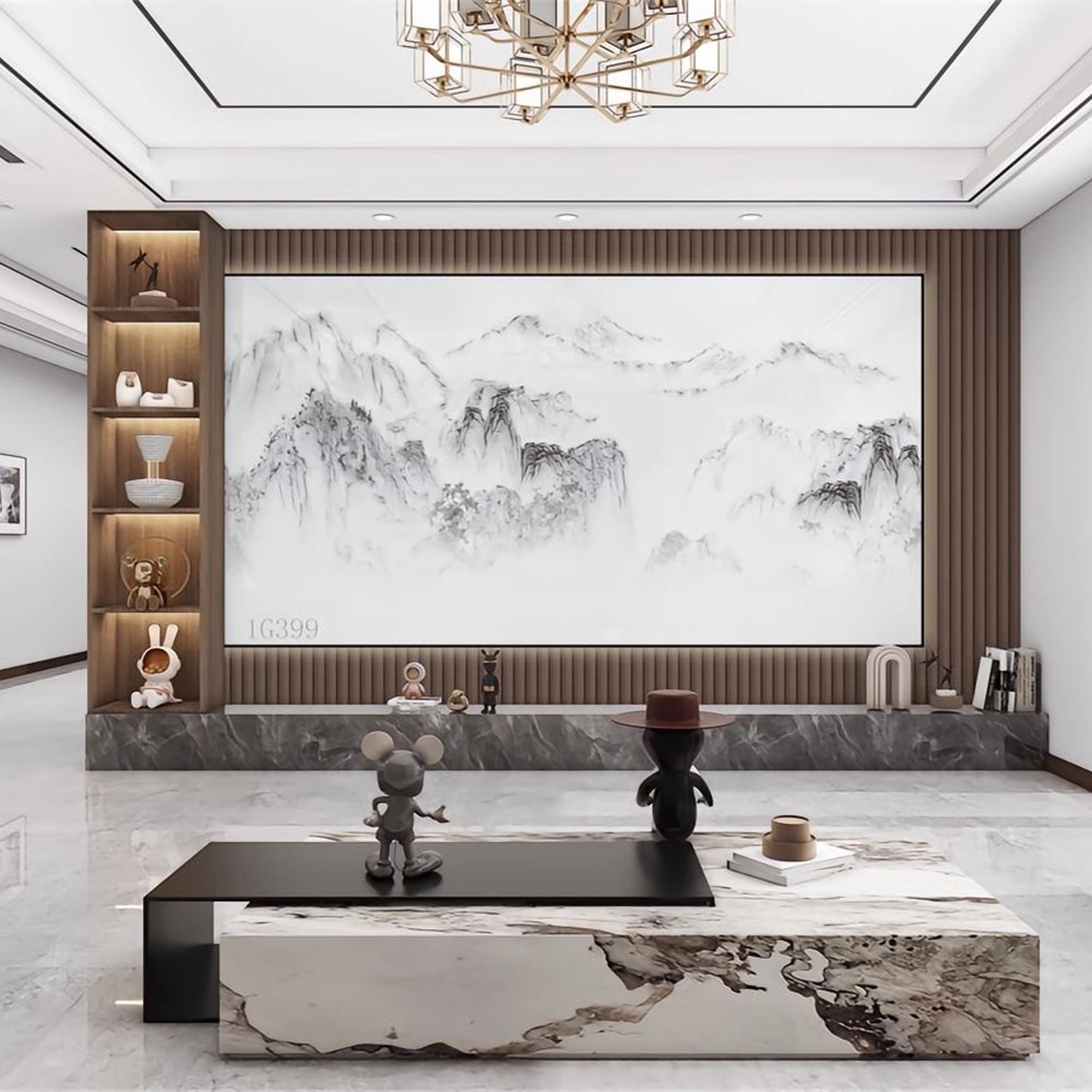 碳晶板电视背景墙新中式山水沙发背景墙仿大理石集成墙板竹木纤维