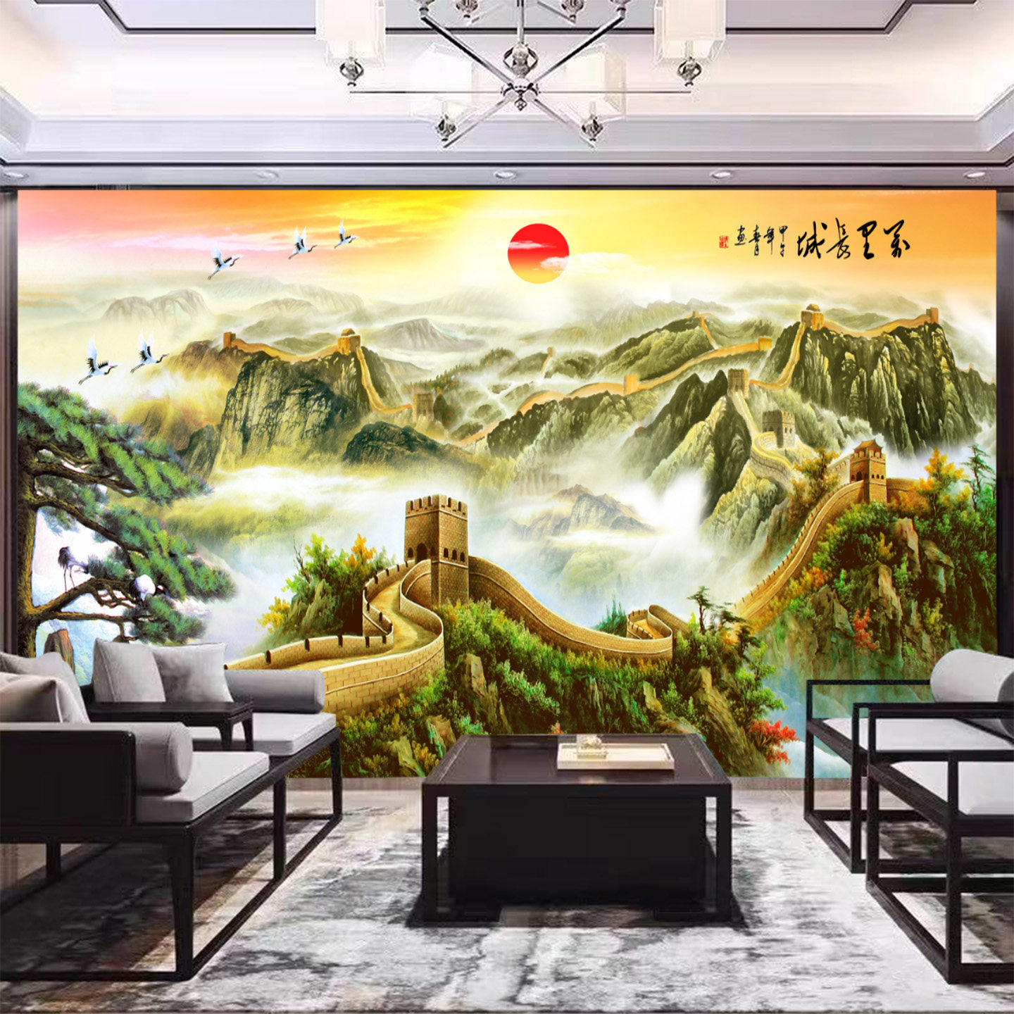 万里长城背景防撞金刚板办公室护墙板碳晶板定制竹木纤维集成墙板