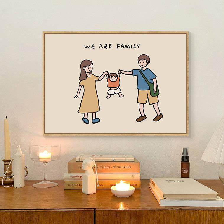 一家三口装饰画北欧原木风奶油治愈系餐厅挂画四口人卧室斗柜摆画