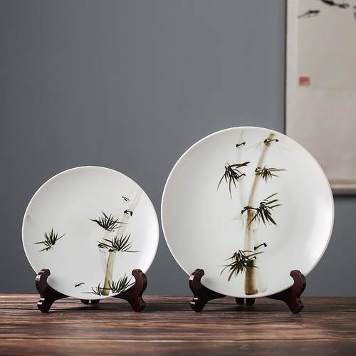 现代新中式古典水墨禅意竹盘客厅书房坐盘挂盘瓷盘摆件装饰工艺品