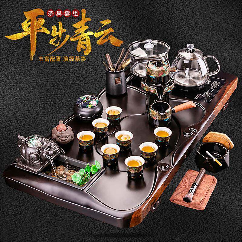 整套实木黑檀木茶盘茶具套装烧水壶一体全自动流水茶台办公室家用