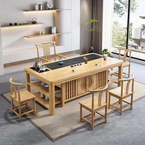 新中式茶桌椅组合一桌五椅实木家用客厅茶台原木色办公室一体茶几