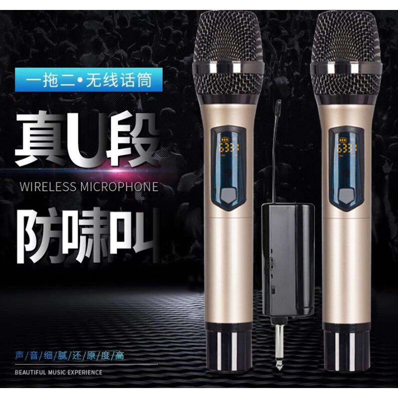 无线一拖二U段话筒家用娱乐调频金属麦克风广场K歌无线麦克风