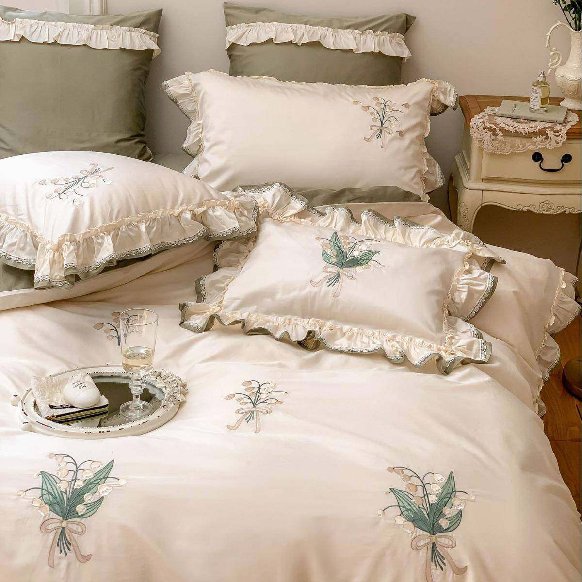 田园铃兰花刺绣长绒棉全棉四件套荷叶边纯棉被套床上用品