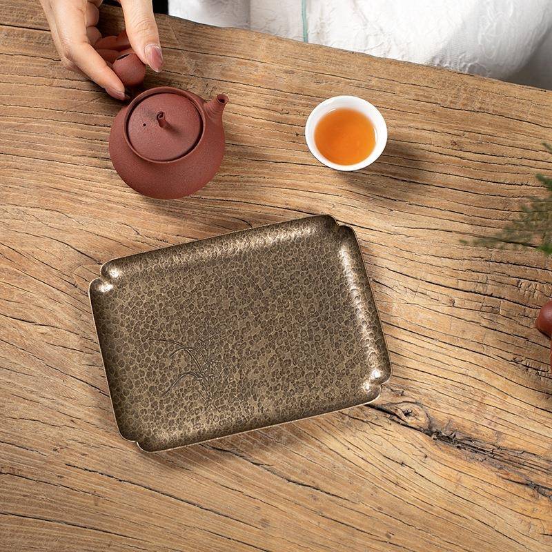 手工锤纹铜壶承干泡台复古风中式茶壶底座壶托养壶垫茶点心铜托盘