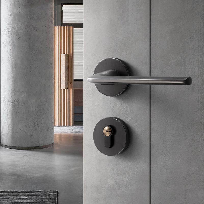 灰色磁吸门锁室内卧室房门锁房间木门锁极简家用静音分体锁风