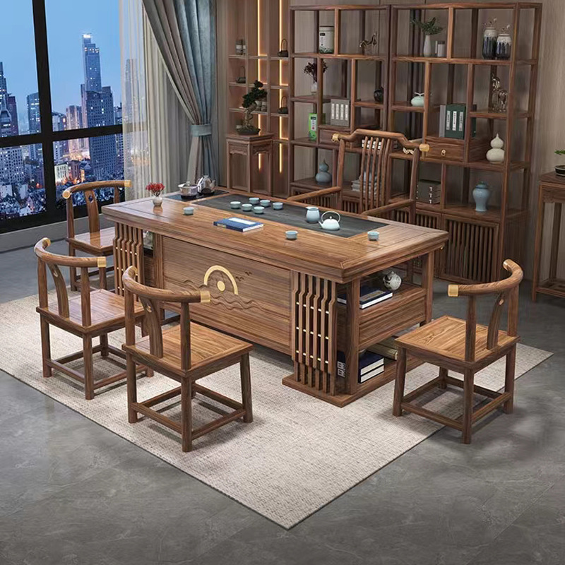 新中式茶桌椅组合南榆木办公茶台家用茶几茶室禅意实木功夫泡茶桌