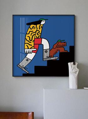 天天向上趣味波普风线条竖版挂画蓝色可爱动物玄关样板间软装壁画