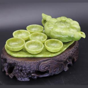 天然南玉青玉翠绿色南瓜茶具茶壶茶杯茶托盘玉器摆件居家送礼佳品