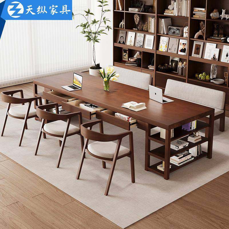天纵现代简约客厅书桌书架一体桌家用大长桌带抽屉学生学习写字桌