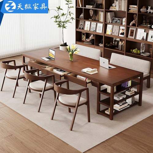 天纵现代简约客厅书桌书架一体桌家用大长桌带抽屉学生学习写字桌