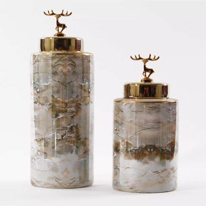 后现代轻奢几何大理石陶瓷摆件插花罐摆设样板间玄关客厅软装饰品