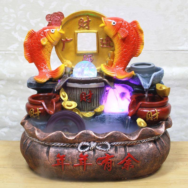 直销年年有余流水树脂工艺品招财树手工彩绘创意摆件12063