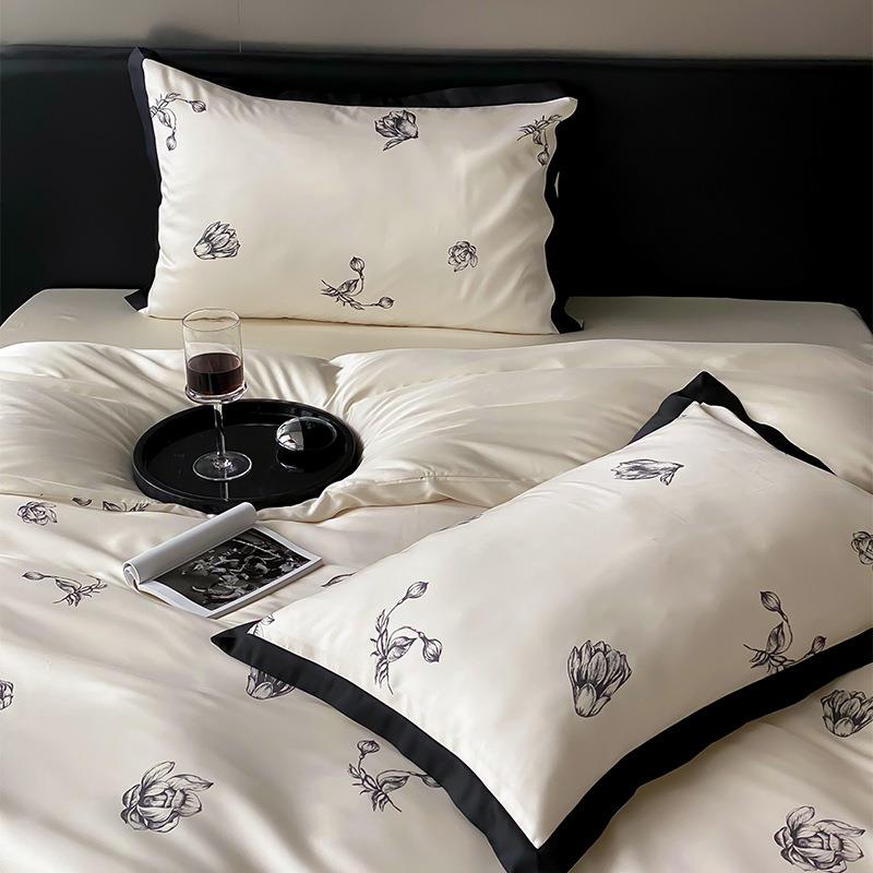 北欧轻奢水墨风60支兰精LF天丝印花四件套柔滑凉爽撞色宽边被套